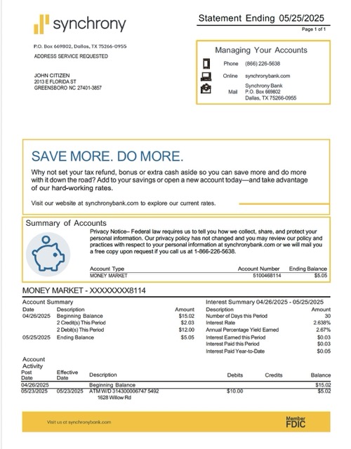 1ONE CARD Bank Statement - BankStatements.net